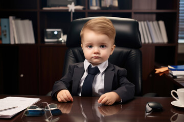 Fototapeta na wymiar cute business baby in suit at desk in office
