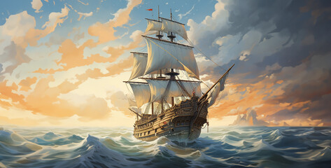 Naklejka premium ship in the sea, pirate ship in the sea, pirate ship in the ocean, pirate ship sailing, ship at night. Generative Ai content