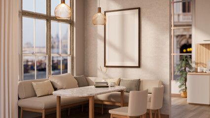 A modern luxury home dining room or restaurant dining area interior with a comfy corner couch.