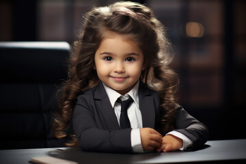 cute business baby in suit at desk in office