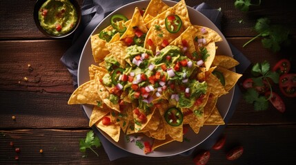 Aerial view of a plate of spicy nachos - obrazy, fototapety, plakaty