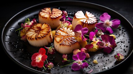 Obraz na płótnie Canvas Grilled scallops with sauce and flower petals in a metal plate. Black background. There is space for text.