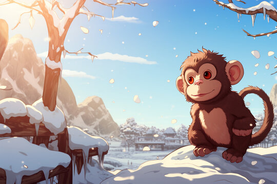 anime style scenic background, a monkey in the snow