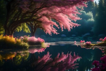 an image of a serene and mystical pond surrounded by enchanting trees, softly glowing with otherworldly light - AI Generative