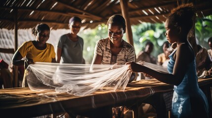 Tropical Village Receives Mosquito Nets for Malaria Prevention - obrazy, fototapety, plakaty