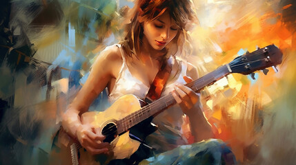 Obraz premium Antique Colorful Liquid Art Watercolor Illustration of Lady Guitarist Playing Guitar on Canvas