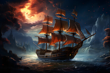 A large pirate ship in the ocean, surrounded by beautiful trees and mountains. Colorful shining and magical night sky in the background - obrazy, fototapety, plakaty