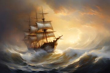 Pirate ship in the sea during a storm, Generative AI painting