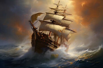 Fototapeta premium Storm in the ocean and a large pirate ship. Generative AI painting