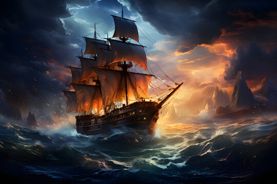A pirate ship in the ocean, a storm and a beautiful fantasy sky in the background