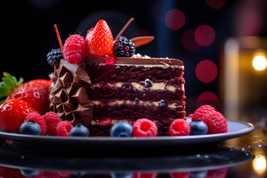 Delicious cake on plate. Professional food photography made by Generative AI