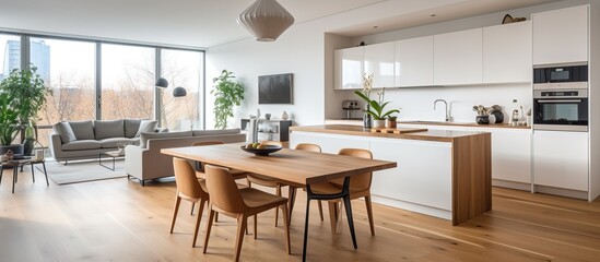 Modern minimalist studio apartment with wooden dining set and open kitchen living room combo featuring white walls and parquet flooring - obrazy, fototapety, plakaty