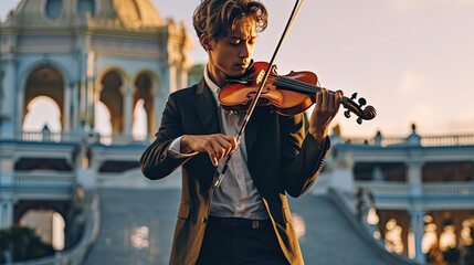 Male Classical Musician Violinist Playing a Violin Colorful Background Selective Focus