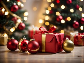 Obraz na płótnie Canvas gift box and Christmas tree Decorated with ornaments xmas theme Generative AI