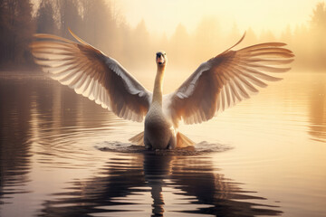 Swan with spread wings on a lake