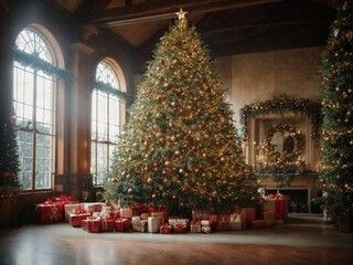 Fototapeta na wymiar Huge Christmas tree Decorated with ornaments xmas theme Generative AI