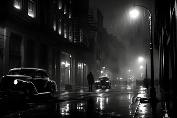 Noir movie, night city street under the rain