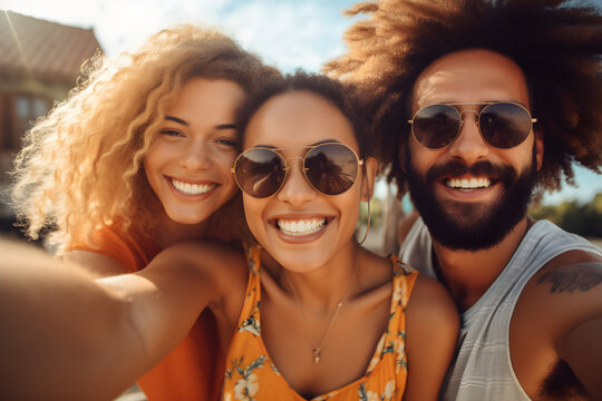 Multiracial young people taking selfie pic with smart mobile phone device - photo of happy friends smiling at camera - Life style concept with guys and girls hanging out on summer day