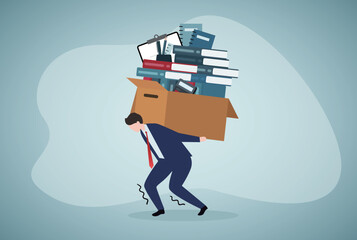 Overload or overworked office routine concept, tired businessman carrying heavy documents paperwork.