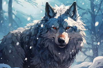 anime style scenic background, a wolf in the snow