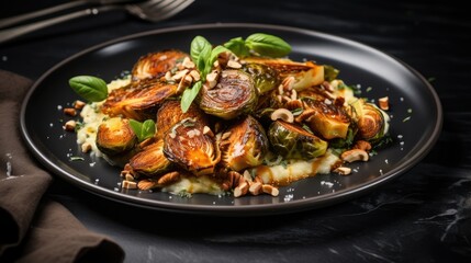 Fototapeta premium Caramelized cabbage on pumpkin puree with roasted Brussels sprouts and hazelnuts in a platter