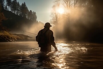 Silhouette of man fishing in water - obrazy, fototapety, plakaty
