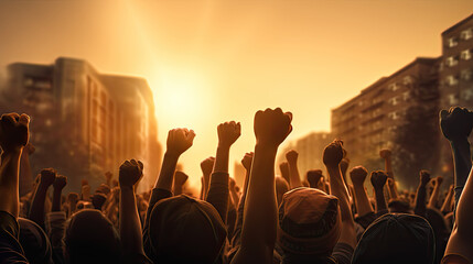 a group of people holding fists in a crowd at a protest, people holding their fists at a protest rally, Multi ethnic people raising their fists up in the air - obrazy, fototapety, plakaty