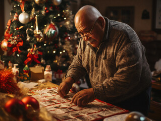 An elderly Hispanic male, organizing his Holiday cards