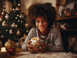 A young Hispanic boy looking at a Holiday candle