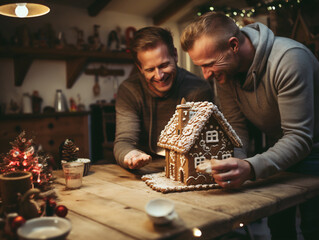 Two men in a homely kitchen, decorating a gingerbread house for the Holidays