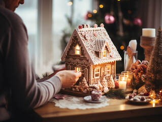 An ornate gingerbread house with a Christmas tree in the background