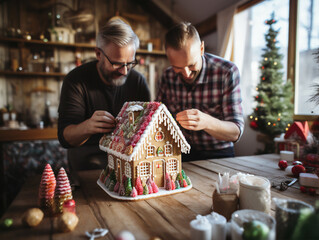 Two men decorating a gingerbread house for the Holidays