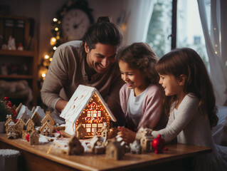A Hispanic father with his two daughters, building a gingerbread house for the Holidays