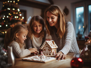 A mom and her two daughters building a gingerbread house for the Holidays