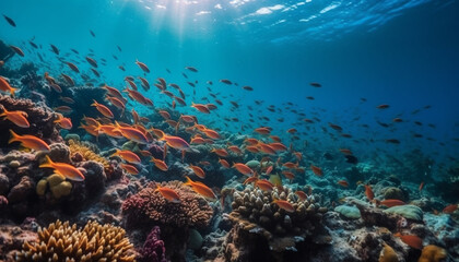 Vibrant underwater seascape showcases school of multi colored fish in motion generated by AI