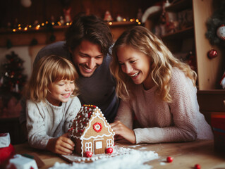 A family making a gingerbread house for the Holidays
