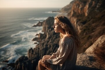 Young woman resting on rocky cliff