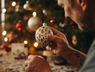 A male looking closely at a Christmas decoration
