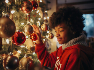 African American girl admiring a Christmas tree