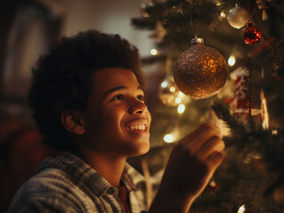 African American boy admiring a Christmas tree