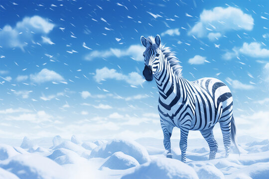 anime style scenic background, a zebra in the snow