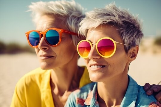 Smiling elderly couple in sunglasses