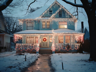 A turn of the century looking home with Holiday lights with snow 