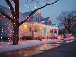 A home decorated with colorful fairy lights