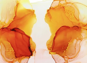 Luxury orange and gold stone marble texture. Alcohol ink technique abstract background. Modern paint with glitter. Template for banner, poster design. Fluid art painting.Autum image.
