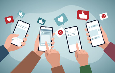 Social media and marketing concept. Internet liker, happy social media, like or positive feedback from remote. Hands holding mobile smartphone with Likes notification icons.  Vector illustration.