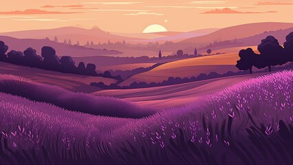 Lavender Field Landscape Wallpaper Illustration