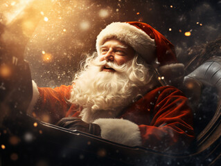 A traditional-looking Santa being lit-up by magical yellow light