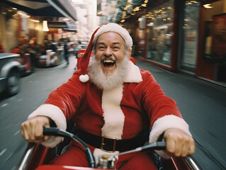 An excited Santa racing through a busy city street in a go-kart