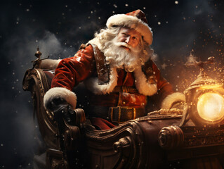A traditional-looking Santa on an ornate sleigh